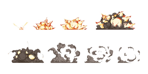 Los iconos de animación del proceso de explosión de una bomba establecen desde la detonación hasta el calor y las ondas de choque.