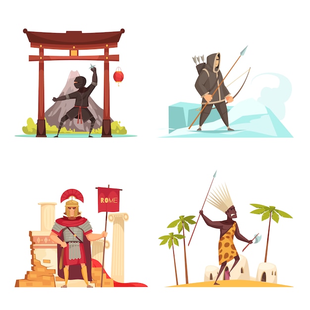 Iconos de antiguos guerreros con armas nacionales planas