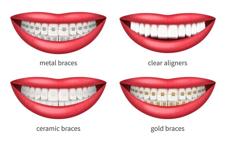 Vector gratuito iconos de aparatos dentales de dientes establecidos con labios humanos realistas ilustraciones vectoriales aisladas