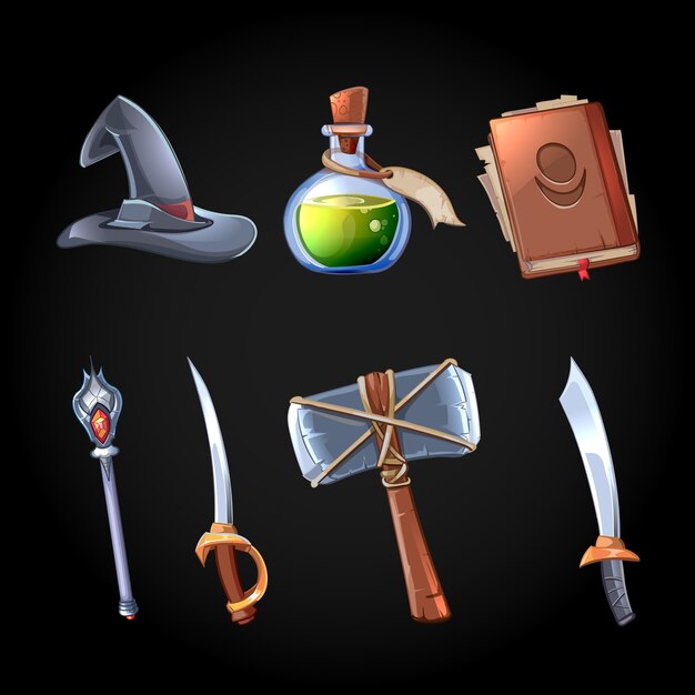 Iconos de armas y magia de fantasía de dibujos animados para juego de computadora. Espada y bastón, brujería y veneno de botella, sombrero y martillo, objeto de juego para aplicación.