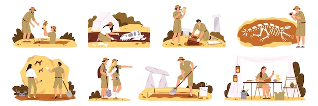 Iconos de arqueología con símbolos de exploración ilustración de vector aislado plano