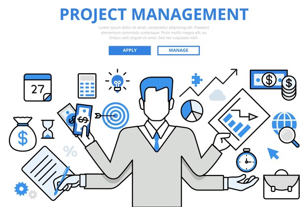 Iconos de arte de línea plana de concepto de multitarea empresarial de gestión de proyectos.