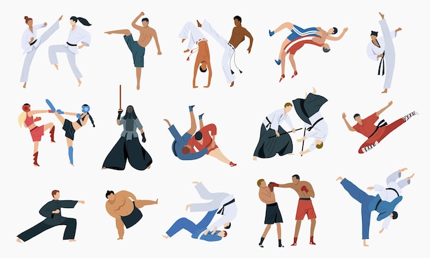 Iconos de artes marciales establecidos con símbolos de lucha ilustración aislada de vector plano