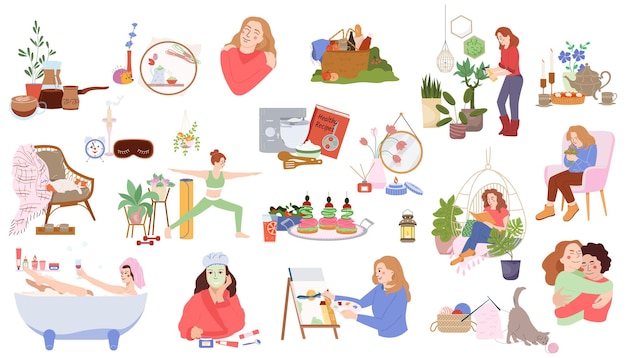 Iconos de autocuidado establecidos con símbolos de hobby ilustración vectorial aislada plana