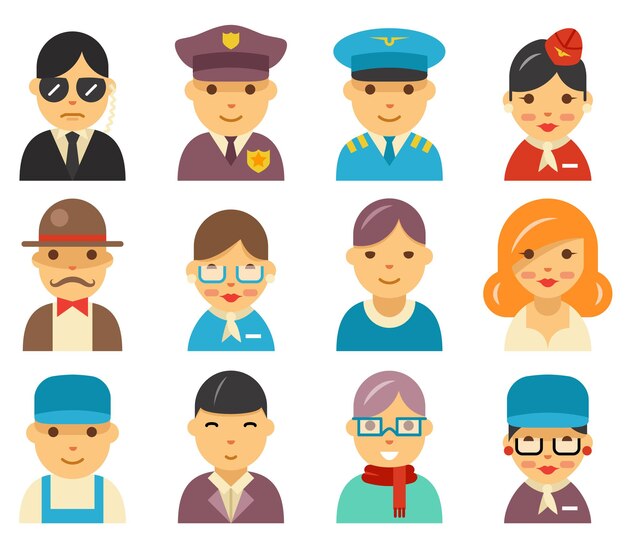 Iconos de avatar plano de aviación. Personajes de aeropuerto en la ilustración de estilo plano.