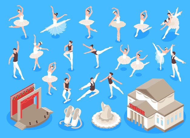 Iconos de ballet isométricos con edificios de teatro y trajes de baile ilustración vectorial aislada