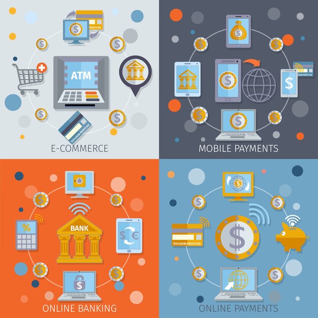 Iconos de banca móvil planos