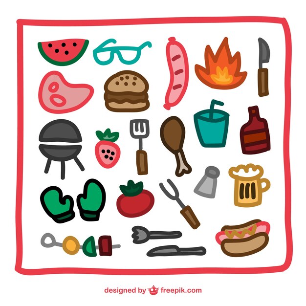 Iconos de barbacoa dibujados a mano