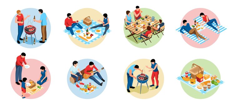 Vector gratuito iconos de barbacoa isométricos con cesta de picnic y equipo de parrilla ilustración vectorial aislada
