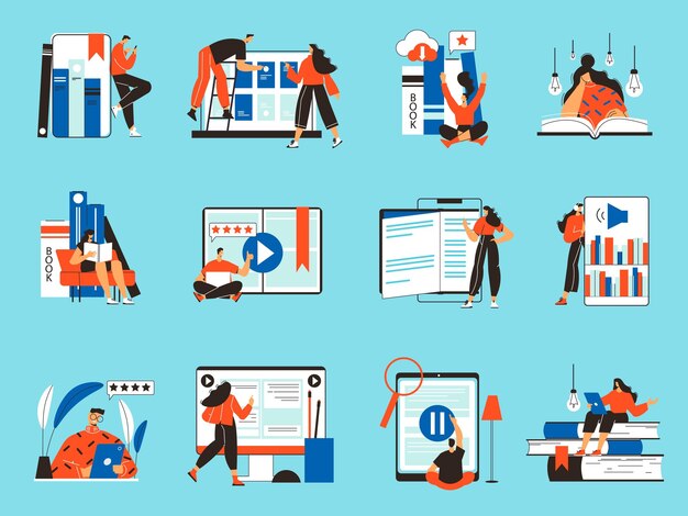 Iconos de biblioteca en línea establecidos con personas que buscan y leen versiones electrónicas de libros aislados en la ilustración de vector plano de fondo azul