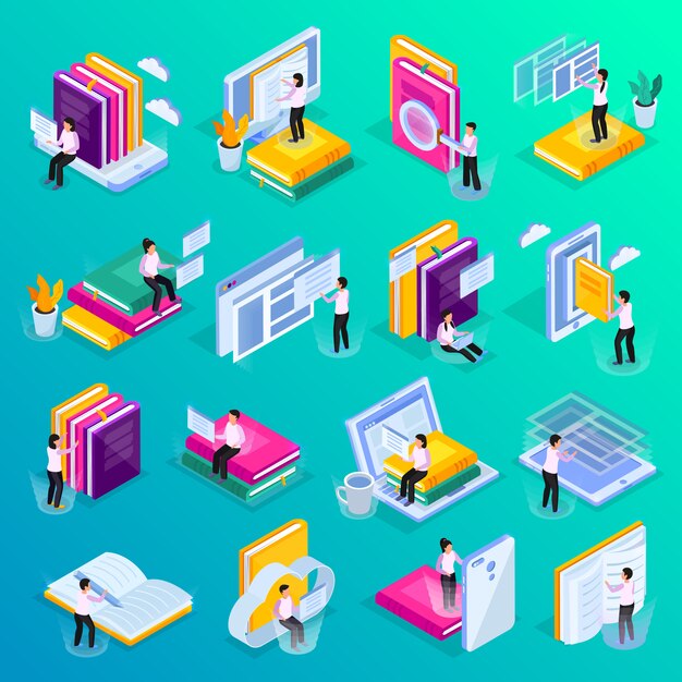 Iconos de brillo isométrico de educación en línea con cursos de video de biblioteca en la nube, conferencias, símbolos de tutor personal