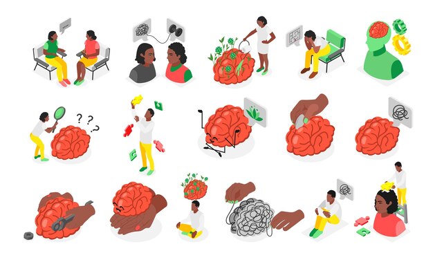 Iconos de cambio de color isométrico de salud mental establecidos con símbolos de trastorno mental ilustración vectorial