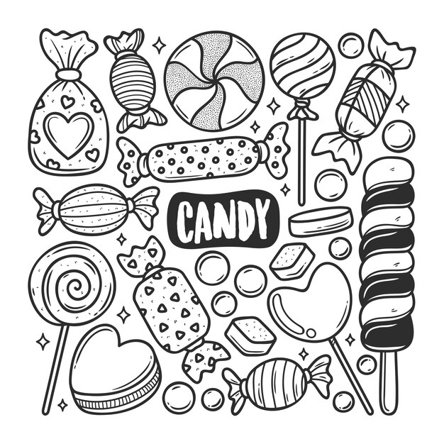 Iconos de caramelo dibujado a mano Doodle para colorear