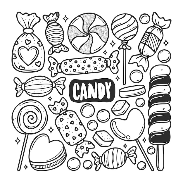 Iconos de caramelo dibujado a mano Doodle para colorear