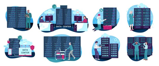 Iconos del centro de datos establecidos con símbolos de seguridad digital ilustración vectorial aislada plana