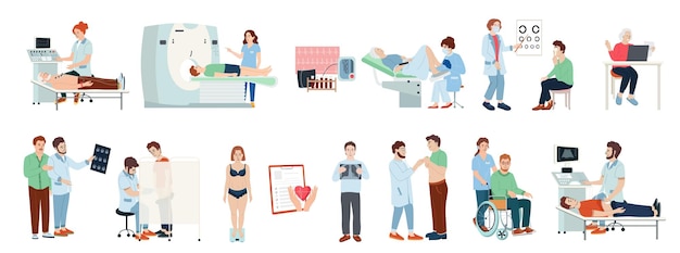 Iconos de chequeo médico establecidos con símbolos de prueba de atención médica ilustración vectorial aislada plana