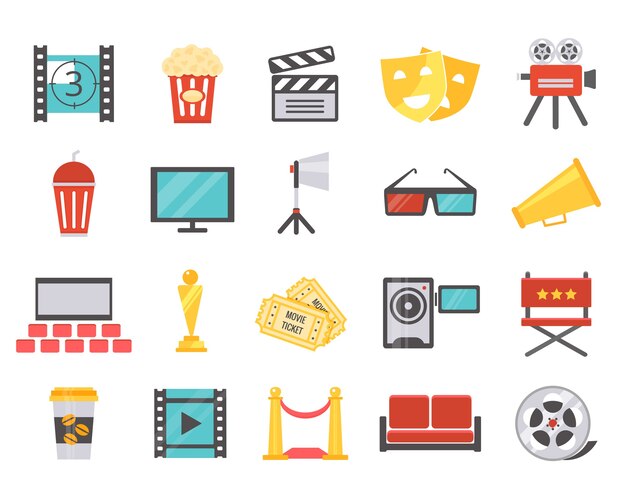 Iconos de cine moderno en estilo plano. El concepto de rodaje y estreno en el cine. Ilustración vectorial