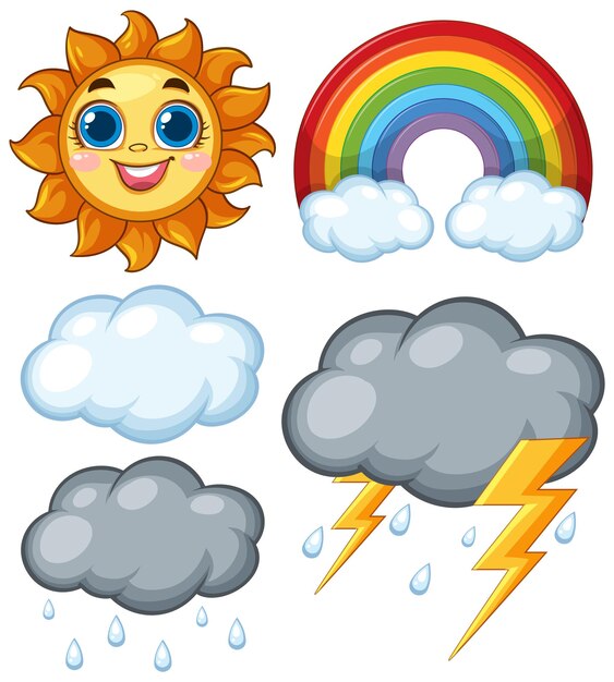 Iconos de clima alegre con sol y arco iris