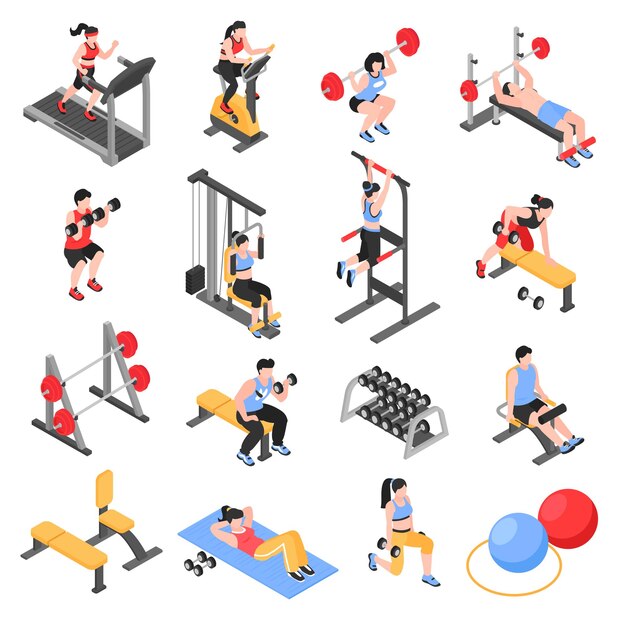 Iconos del club de fitness de gimnasio isométrico con hombres y mujeres entrenando en interiores ilustración vectorial aislada