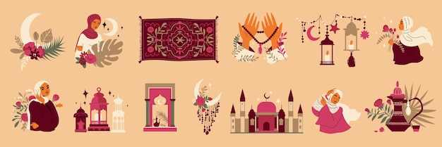 Vector gratuito iconos de color boho islámicos establecidos con símbolos de religión musulmana de tradición ilustración vectorial aislada