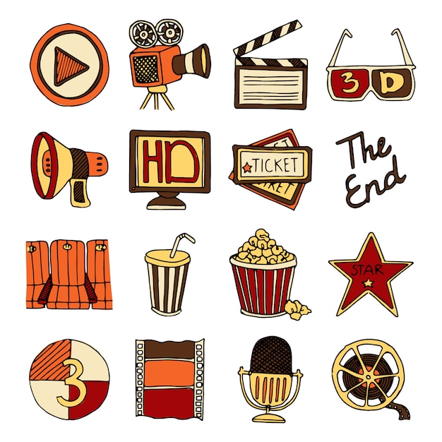 Vector gratuito los iconos del color del estudio y del cine de la película del cine del vintage fijaron con el ejemplo aislado abstracto del vector de la bobina de la cinta