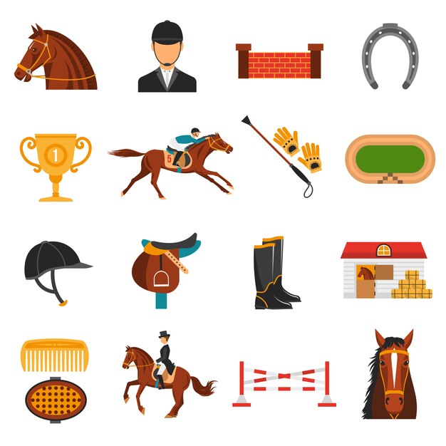 Iconos de colores planos con equipo de caballo