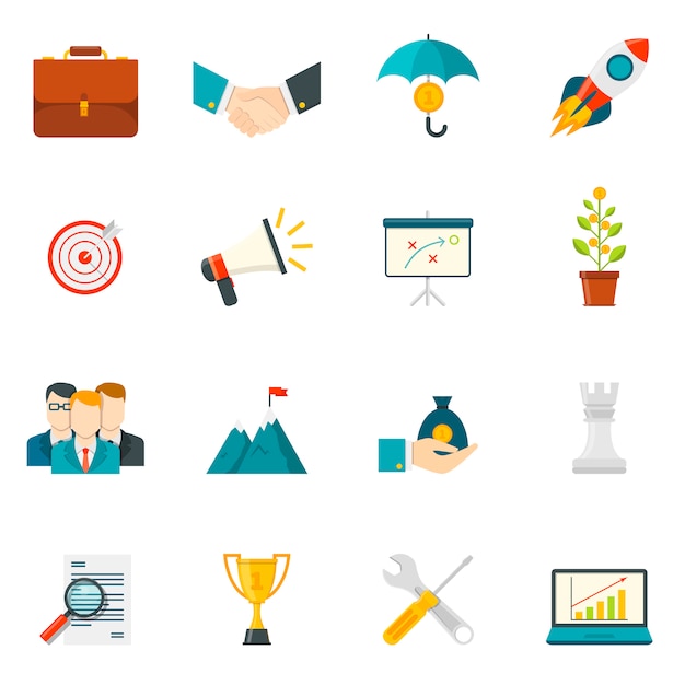 Iconos de colores planos de espíritu empresarial