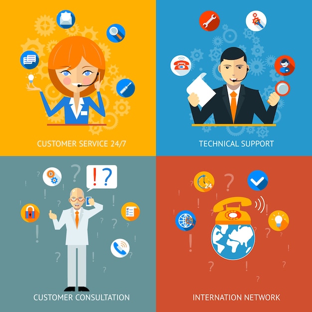 Iconos coloridos de soporte técnico y servicio al cliente