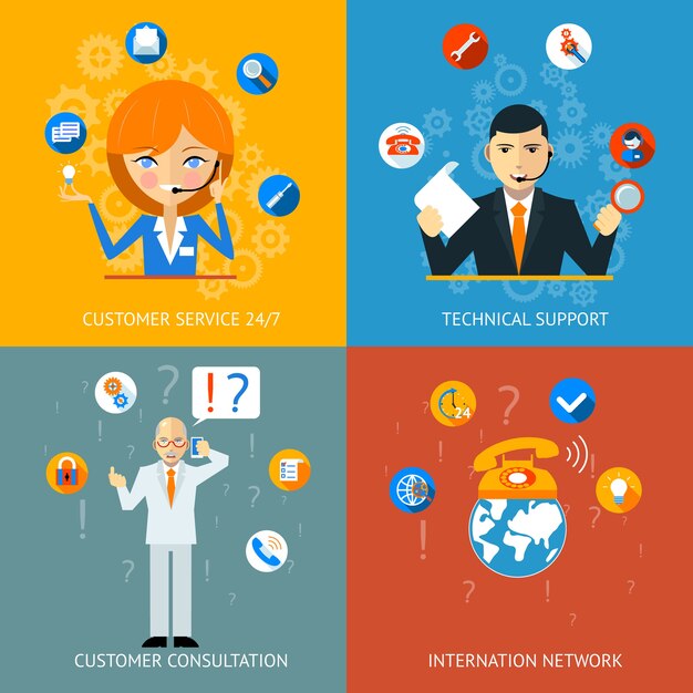 Iconos coloridos de soporte técnico y servicio al cliente