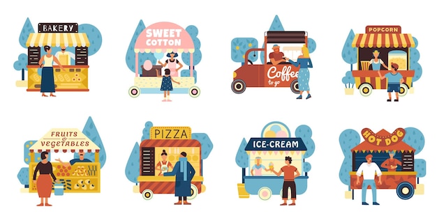 Vector gratuito iconos de comida callejera con símbolos de vendedores y compradores ilustración vectorial aislada plana