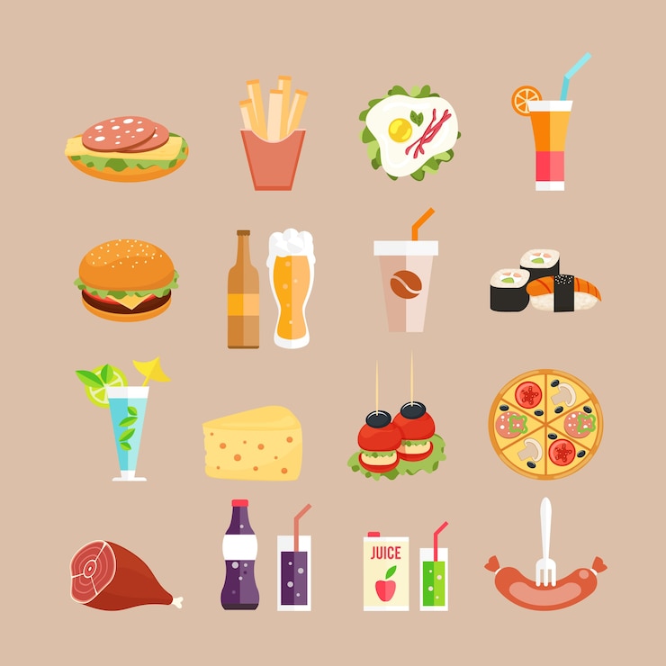 Vector gratuito iconos de comida. comida rápida, bebidas y panecillos en estilo plano.