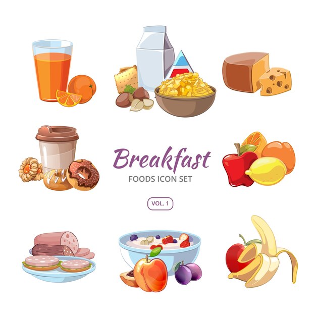 Iconos de comida de desayuno en estilo de dibujos animados. Almuerzo café, naranja y nutrición matutina, deliciosa fruta fresca, ilustración vectorial