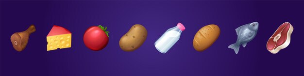 Iconos de comida jamón queso tomate patata y leche