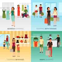 Vector gratuito los iconos del concepto de las compras fijaron con el ejemplo aislado plano del vector de los símbolos de las compras de las mujeres y de los hombres