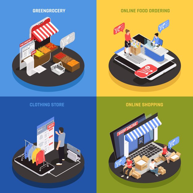 Iconos de concepto de compras móviles con símbolos de pedido de alimentos en línea isométrica aislado