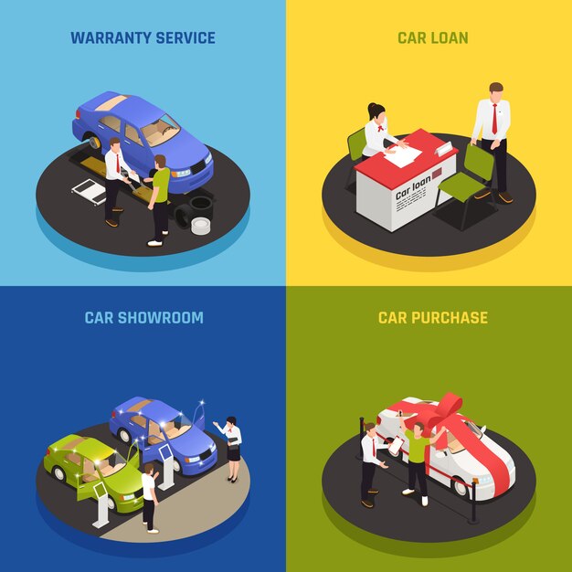 Iconos de concepto de concesionario de automóviles con símbolos de préstamo de coche isométrico aislado