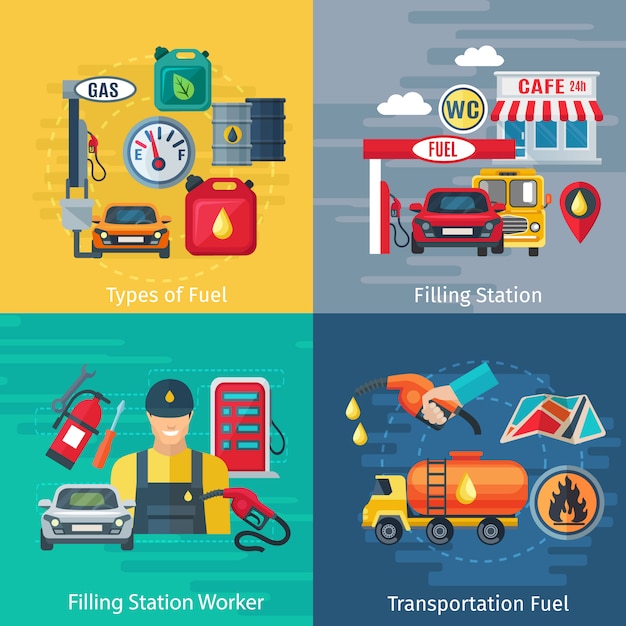 Vector gratuito iconos de concepto de estación de combustible con símbolos de trabajadores y automóviles