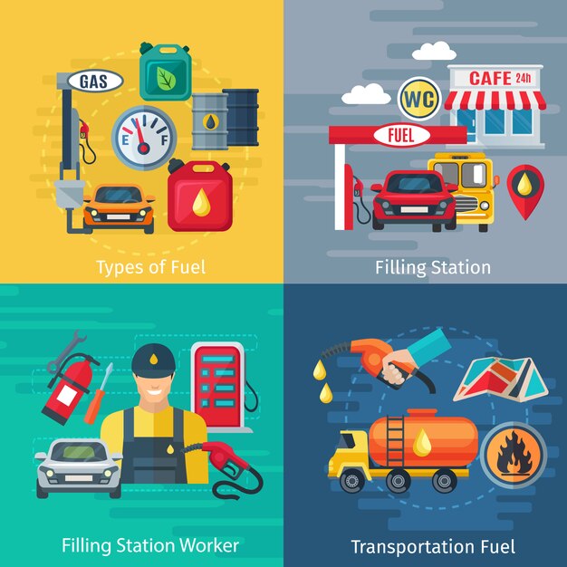 Iconos de concepto de estación de combustible con símbolos de trabajadores y automóviles