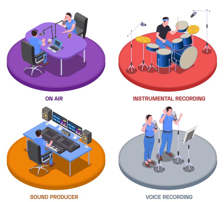 Vector gratuito iconos de concepto de estudio de radio con símbolos de grabación de voz isométricos aislados