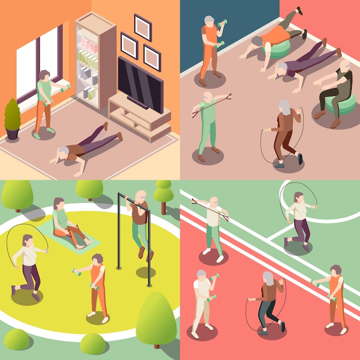Vector gratuito iconos de concepto de fitness de personas mayores establecidos con símbolos de entrenamiento ilustración vectorial aislada isométrica