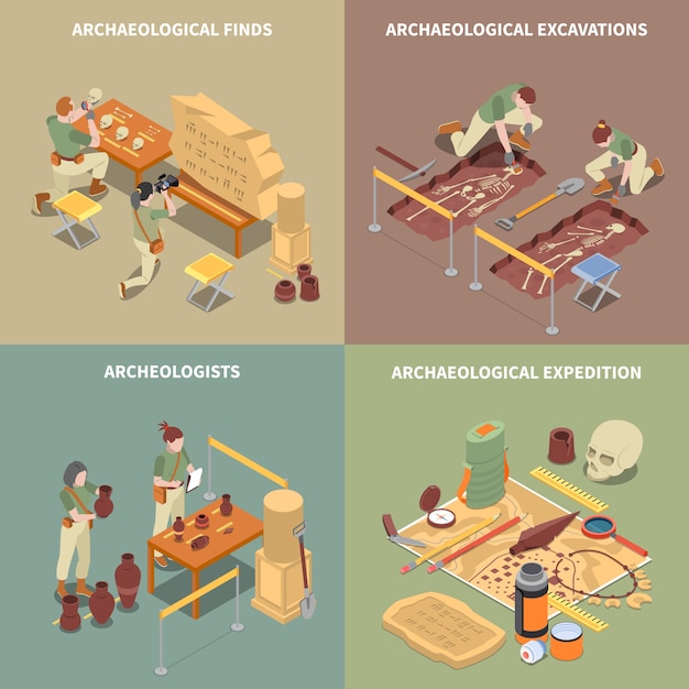 Iconos de concepto isométrico de arqueología con excavaciones y encuentra símbolos aislados