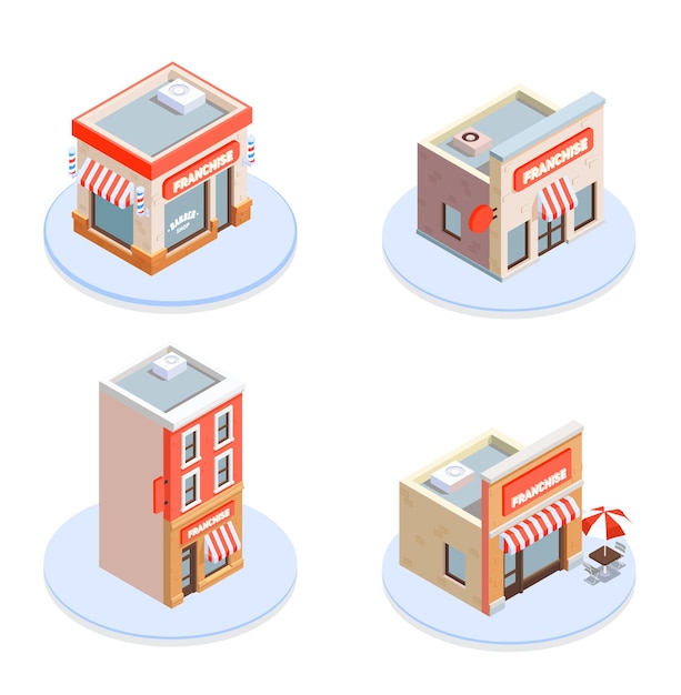 Iconos de concepto isométrico de franquicia con ilustración de símbolos de construcción y marca
