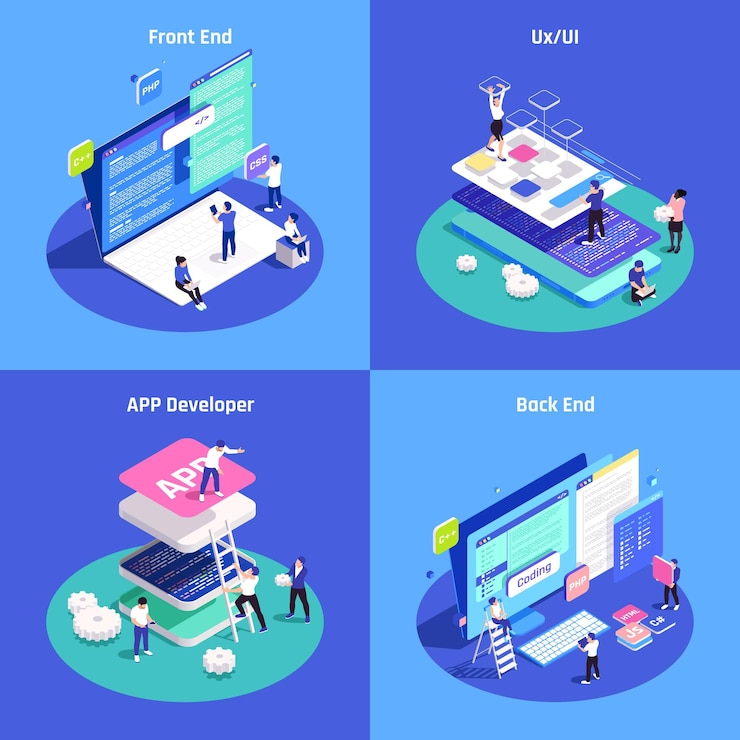 Vector gratuito iconos de concepto isométrico de profesiones de ti establecidos con símbolos de desarrollador y back-end ilustración vectorial aislada