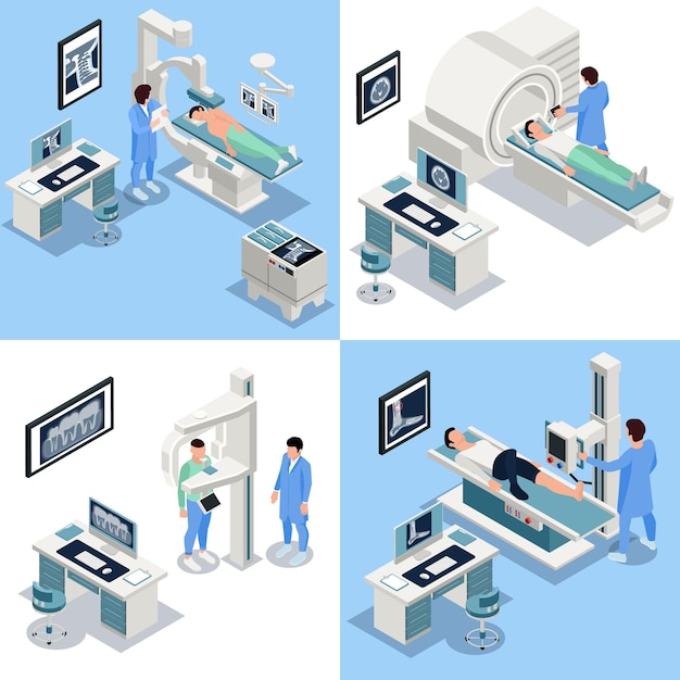 Vector gratuito iconos de concepto isométrico de rayos x establecidos con símbolos de equipos de atención médica ilustración vectorial aislada