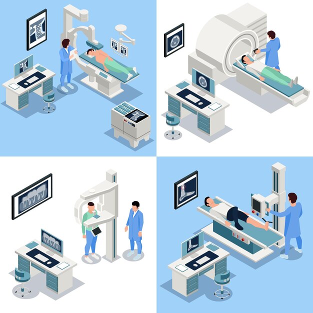 Iconos de concepto isométrico de rayos X establecidos con símbolos de equipos de atención médica ilustración vectorial aislada