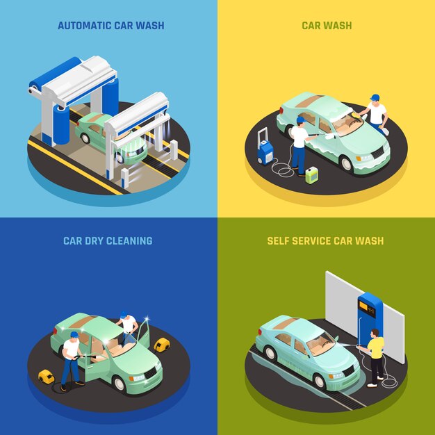 Iconos de concepto de lavado de autos con autoservicio de lavado de autos símbolos isométricos aislados