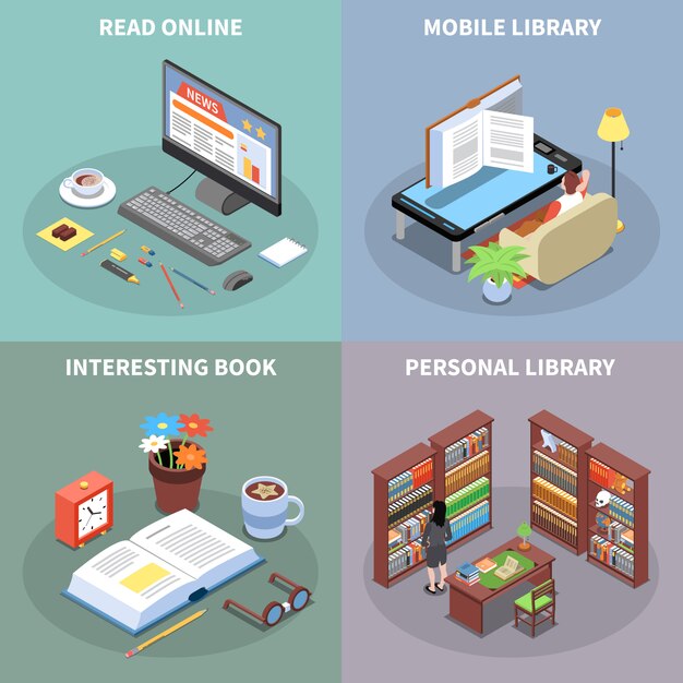 Iconos de concepto de lectura y biblioteca con símbolos de biblioteca móvil isométrica aislado