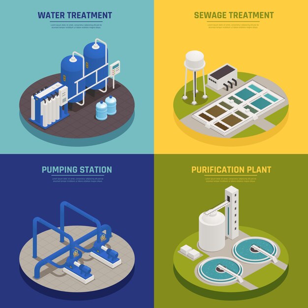 Iconos de concepto de limpieza de agua con símbolos de tratamiento de agua isométrica aislado
