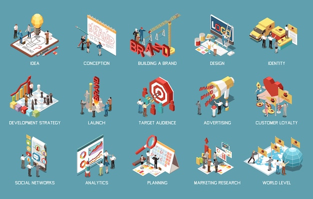 Iconos de concepto de marca establecidos con marca de lanzamiento creando análisis de ideas desarrollo de estrategia de publicidad 3d isométrica ilustración vectorial aislada