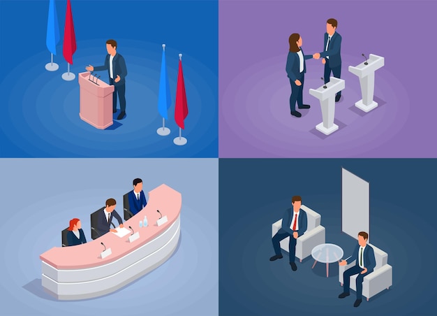 Vector gratuito iconos de concepto de sala de conferencias establecidos con sala de reuniones y símbolos de escenario ilustración vectorial isométrica aislada